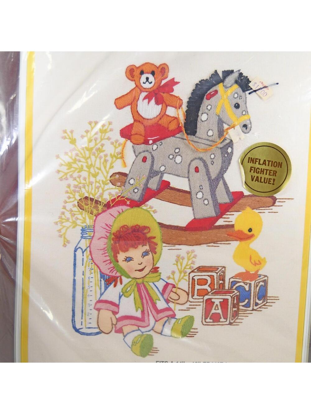 VTG Paragon Crewel Stitchery Kit Rocking Horse Baby Doll Best Friends Nursery